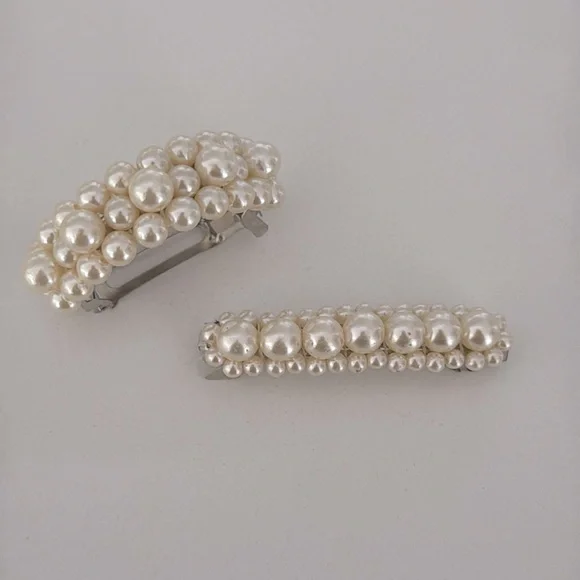 Set of 2 Faux Pearl Barrettes, Half Moon Ponytail and Medium Metal Clip - Picture 2 of 3